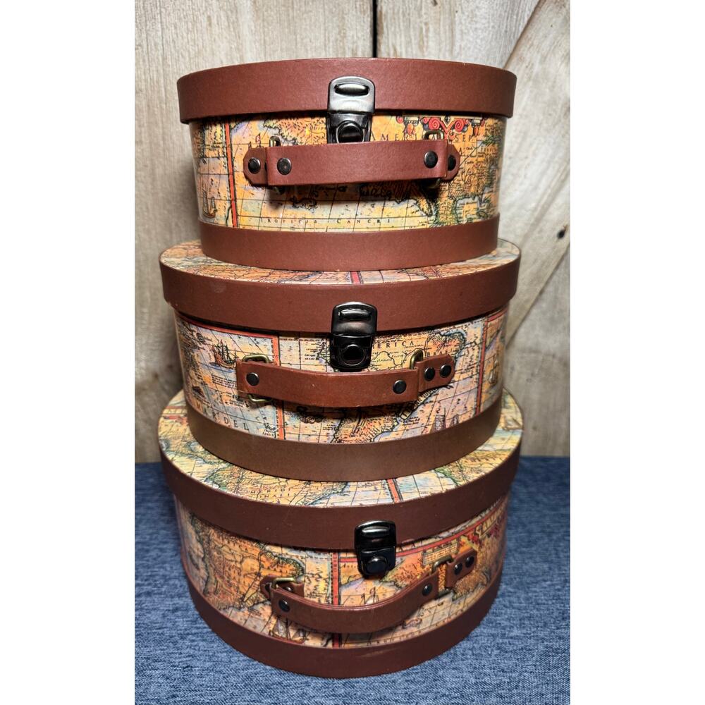 Vintage Old World Map Cardboard Nesting Hatbox Storage Metal Push Lock Accents